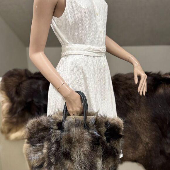 Genuine Fox Fur Handmade Large Tote/Metal Clip & Leather Handles Bag/Crossbody - Picture 2 of 16